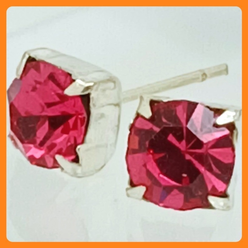 Sterling Silver 925 Fuchsia Pink Crystal Round Stud Earrings 8mm Prong Set